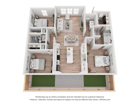Floor plan for 3 beds, 2 baths, 1257 sqft